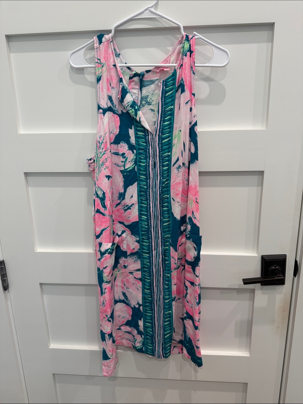 Lilly Pulitzer Teal and Pink Floral Maxi Dress with Center Stripe Detail